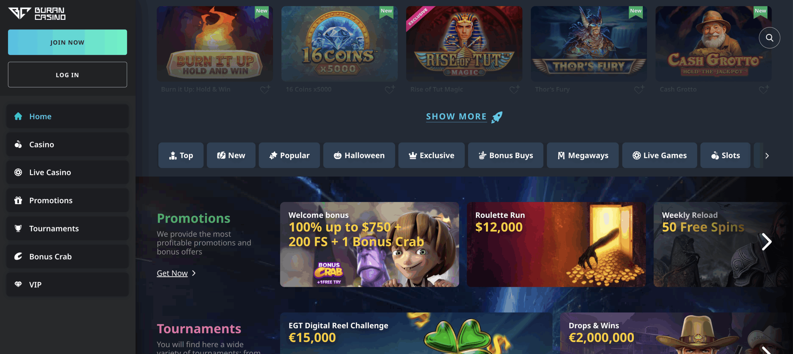 Screenshot of Buran Casino website showing game categories, welcome bonus section, and player dashboard.