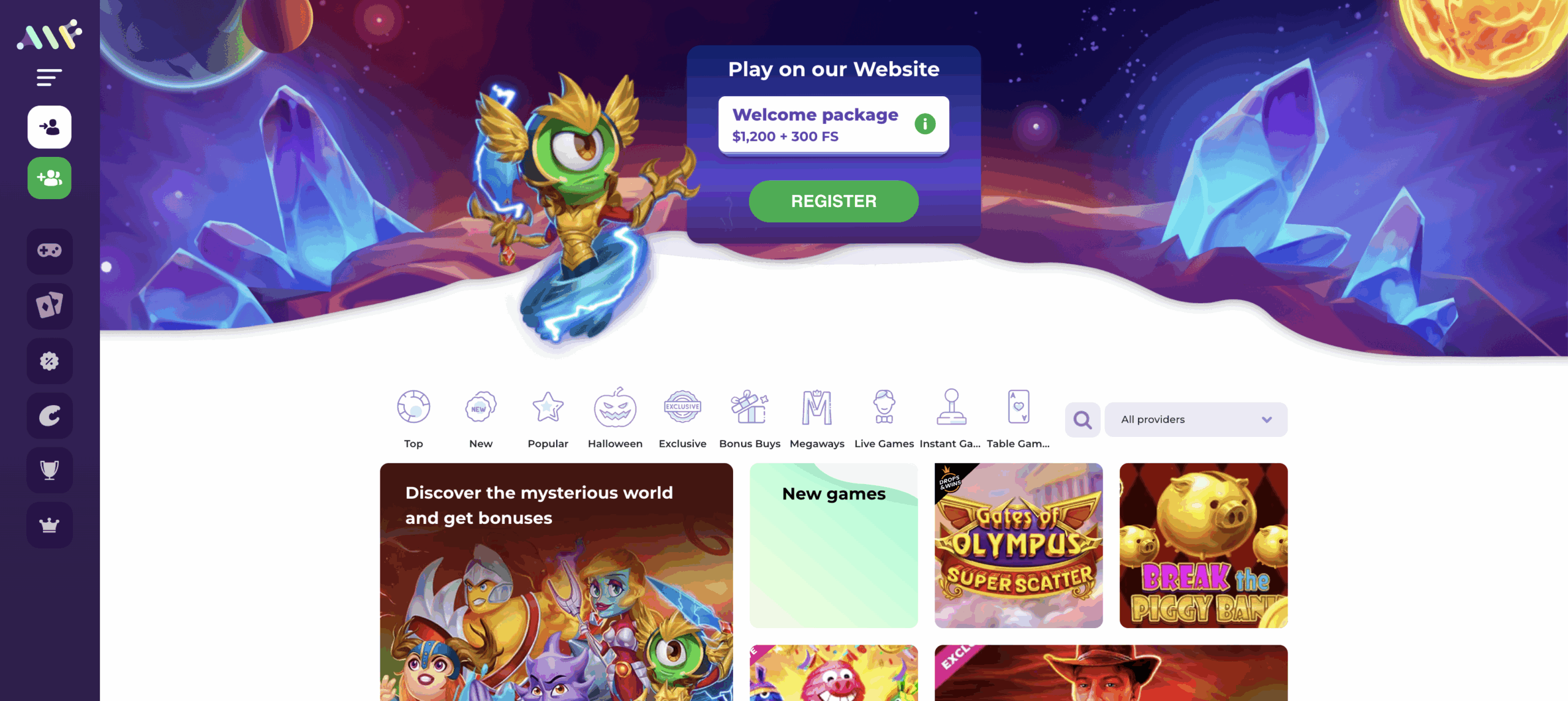 Screenshot of Alf Casino website showing game categories, welcome bonus section, and player dashboard.