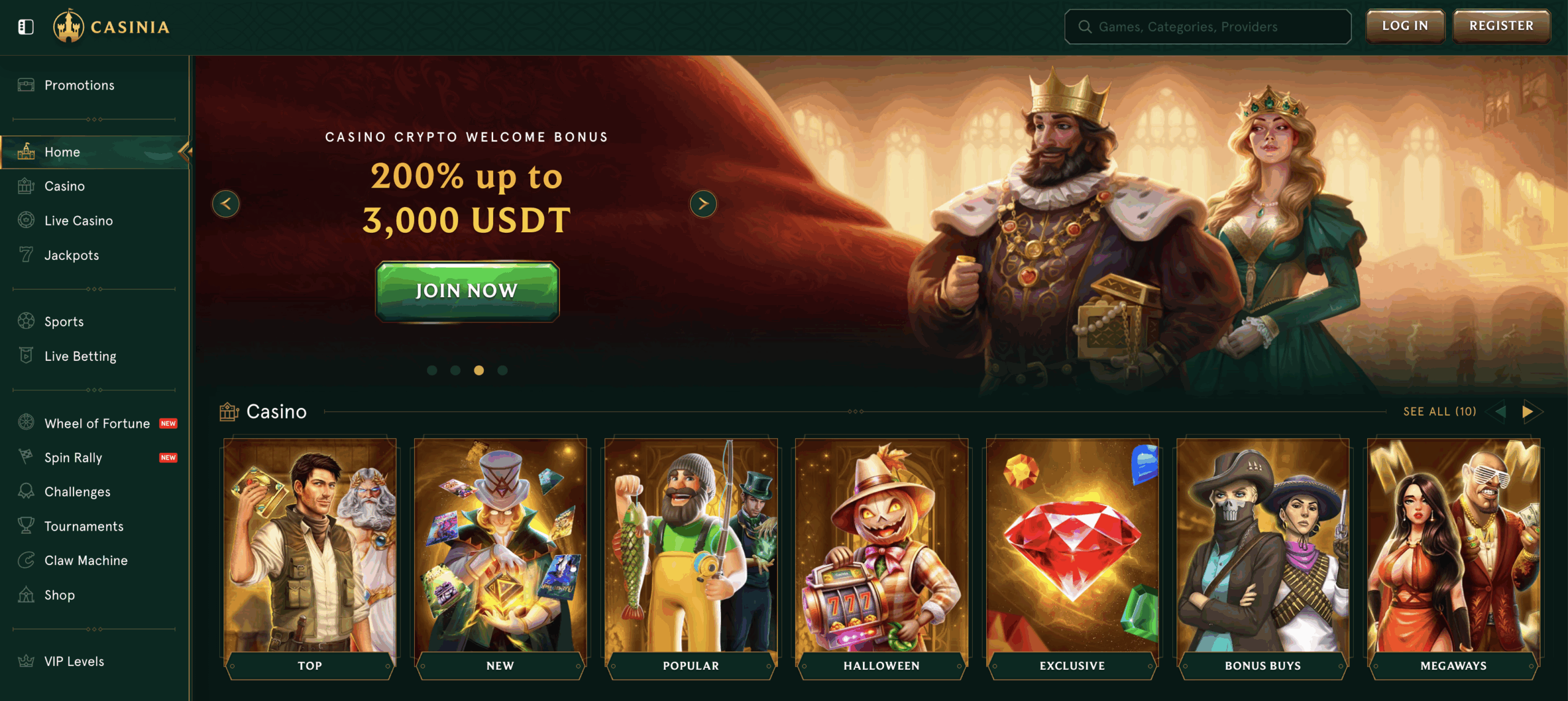 Screenshot of Casinia Casino website showing game categories, welcome bonus section, and player dashboard.