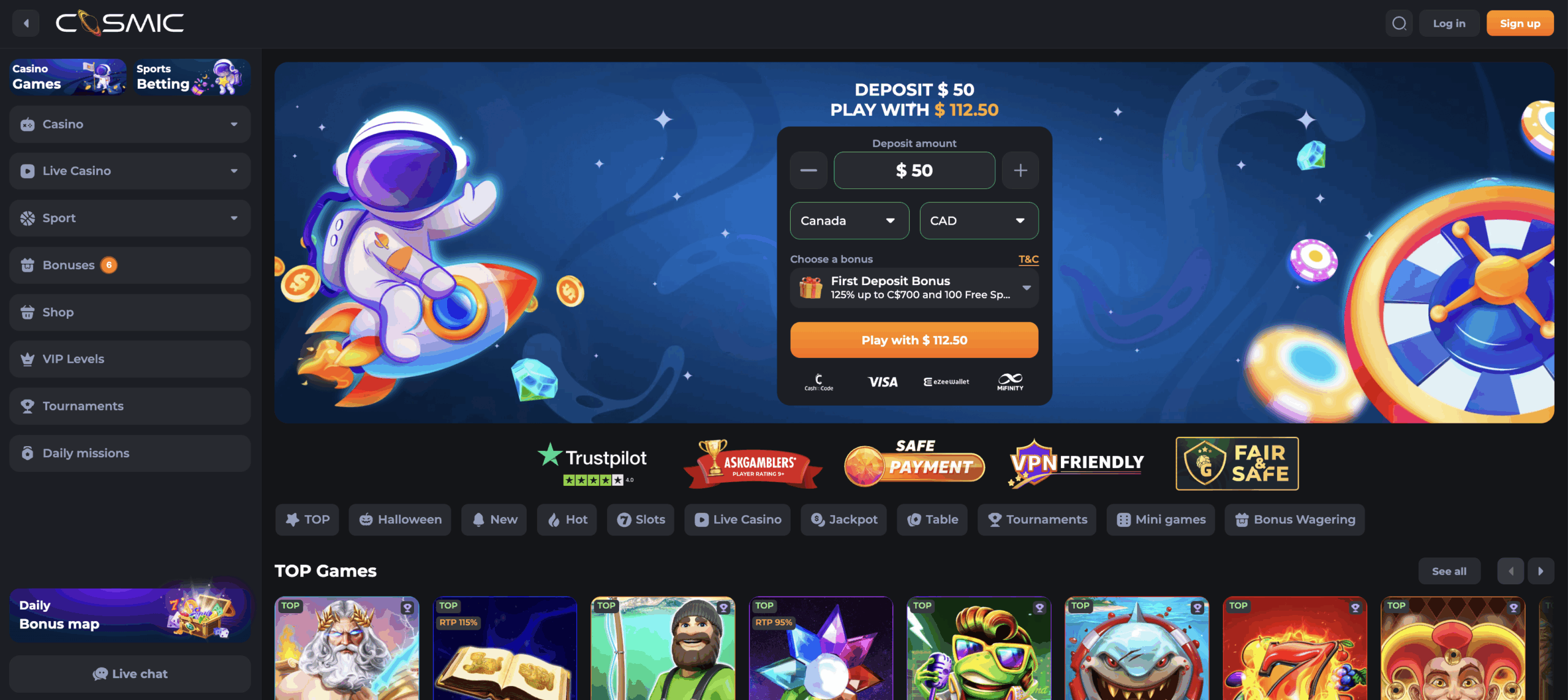 Screenshot of CosmicSlot Casino website showing game categories, welcome bonus section, and player dashboard.