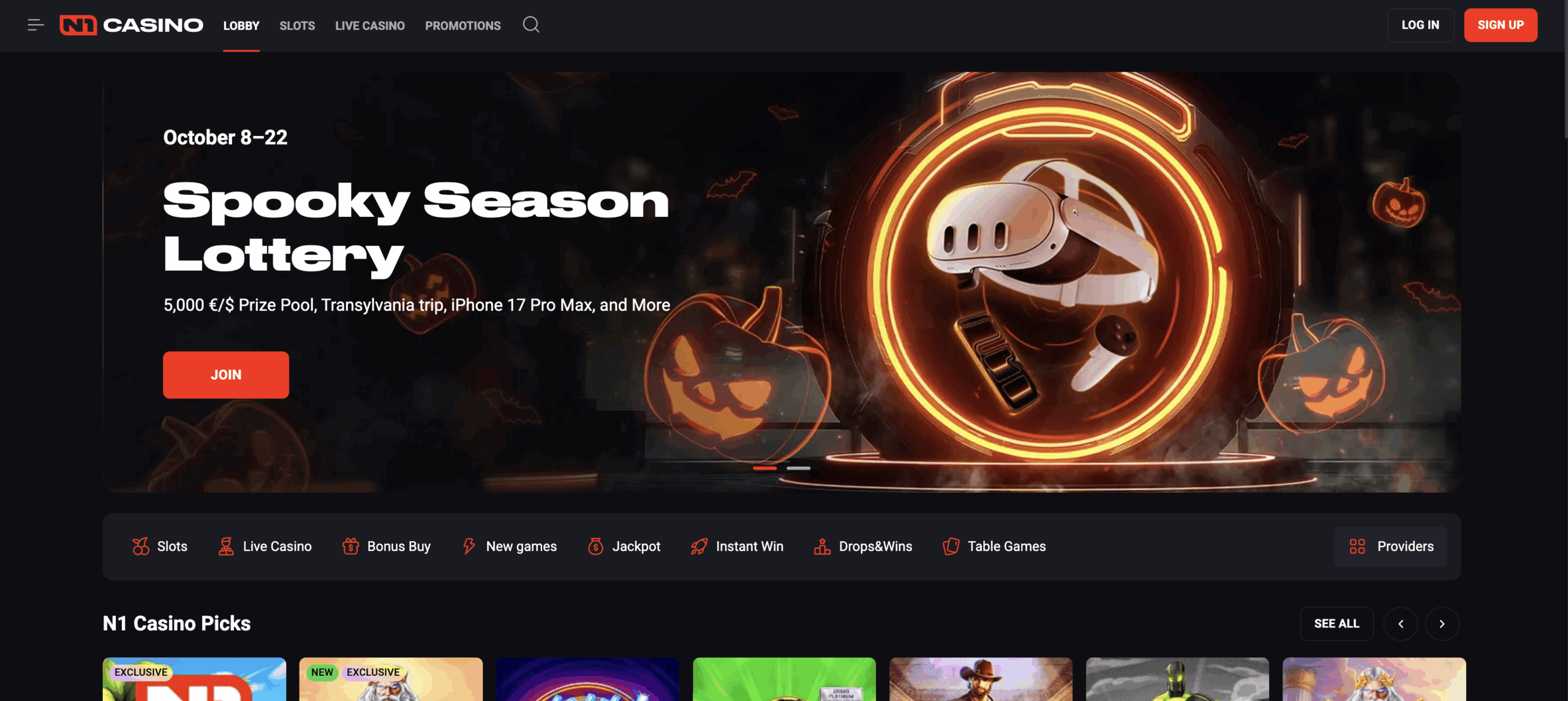 Screenshot of N1 Casino website showing game categories, welcome bonus section, and player dashboard.
