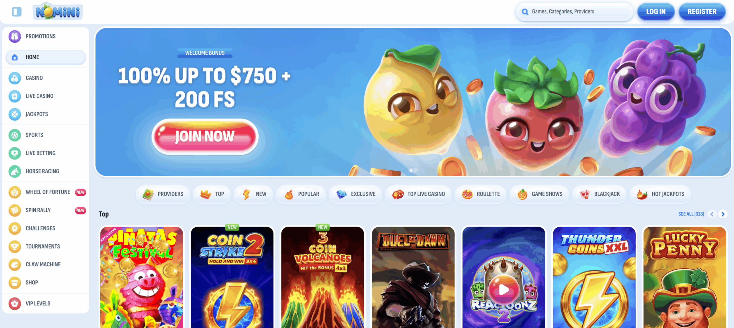 Screenshot of Nomini Casino website showing game categories, welcome bonus section, and player dashboard.
