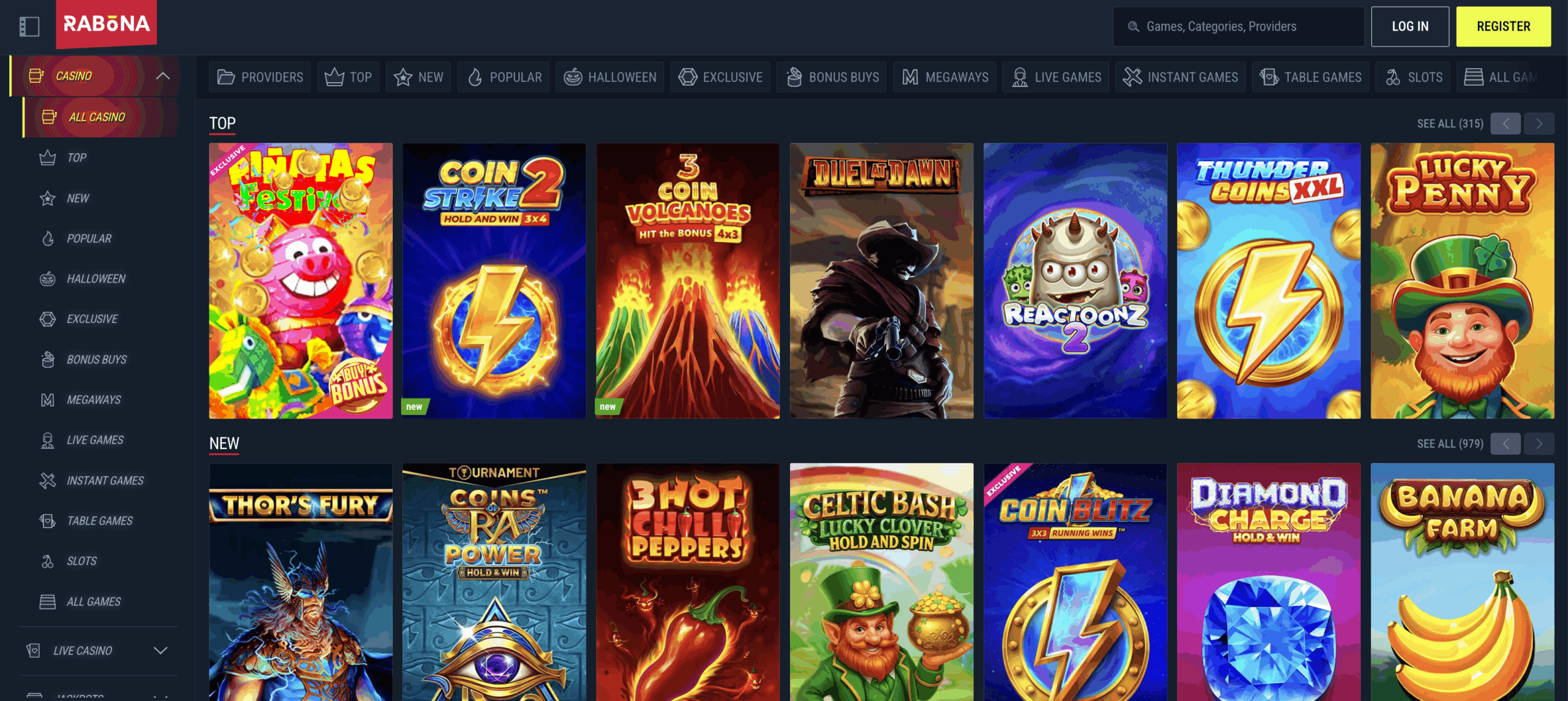 Screenshot of Rabona Casino website showing game categories, welcome bonus section, and player dashboard.