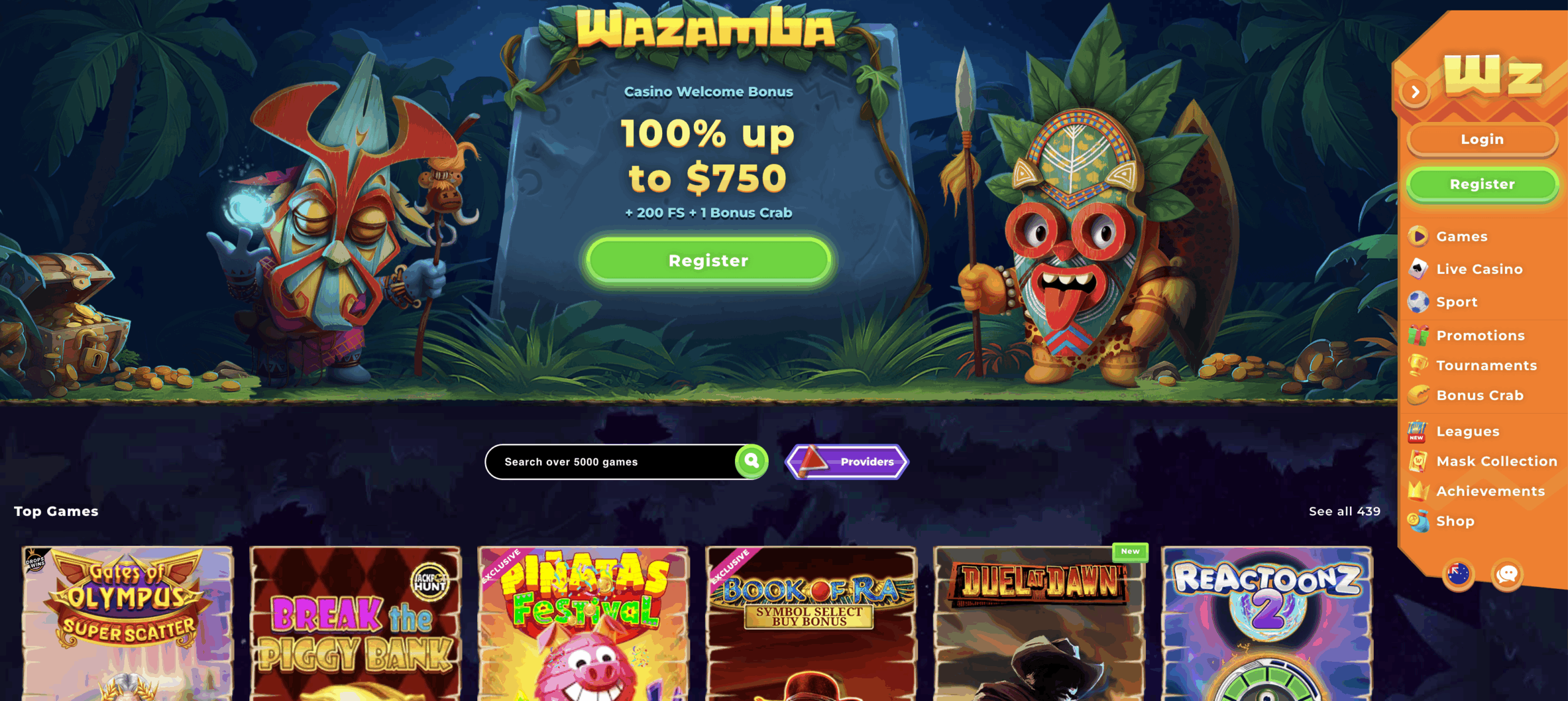 Screenshot of Wazamba Casino website showing game categories, welcome bonus section, and player dashboard.